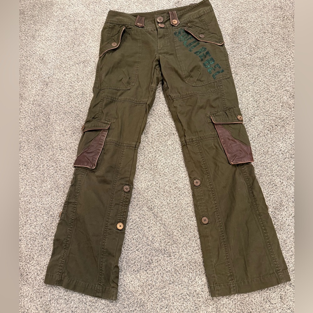 Olive Green Cargo Pants with Brown Faux Leather Accents